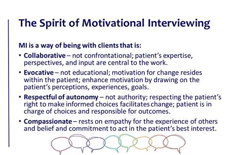 May 30, 2021 Motivational interviewing should always be implemented with a particular "spirit. . Spirit of motivational interviewing includes which of the following concepts